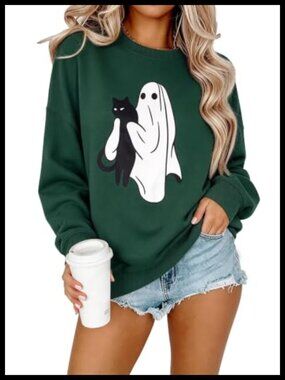 Women's Halloween Ghost Cat Graphic Crew Neck Sweatshirt Pullover